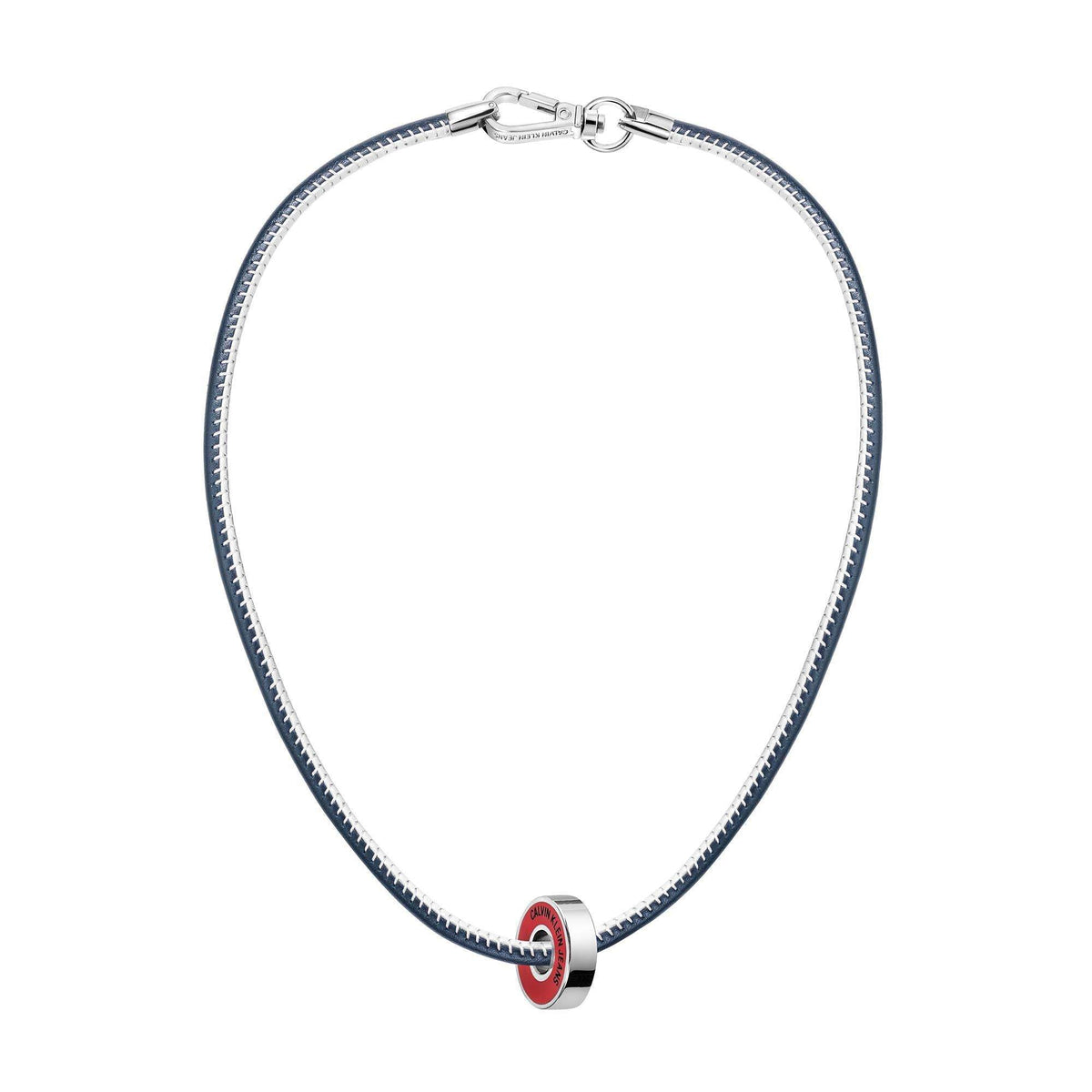 Blue leather necklace with silver chain and red/white circular pendant at center
