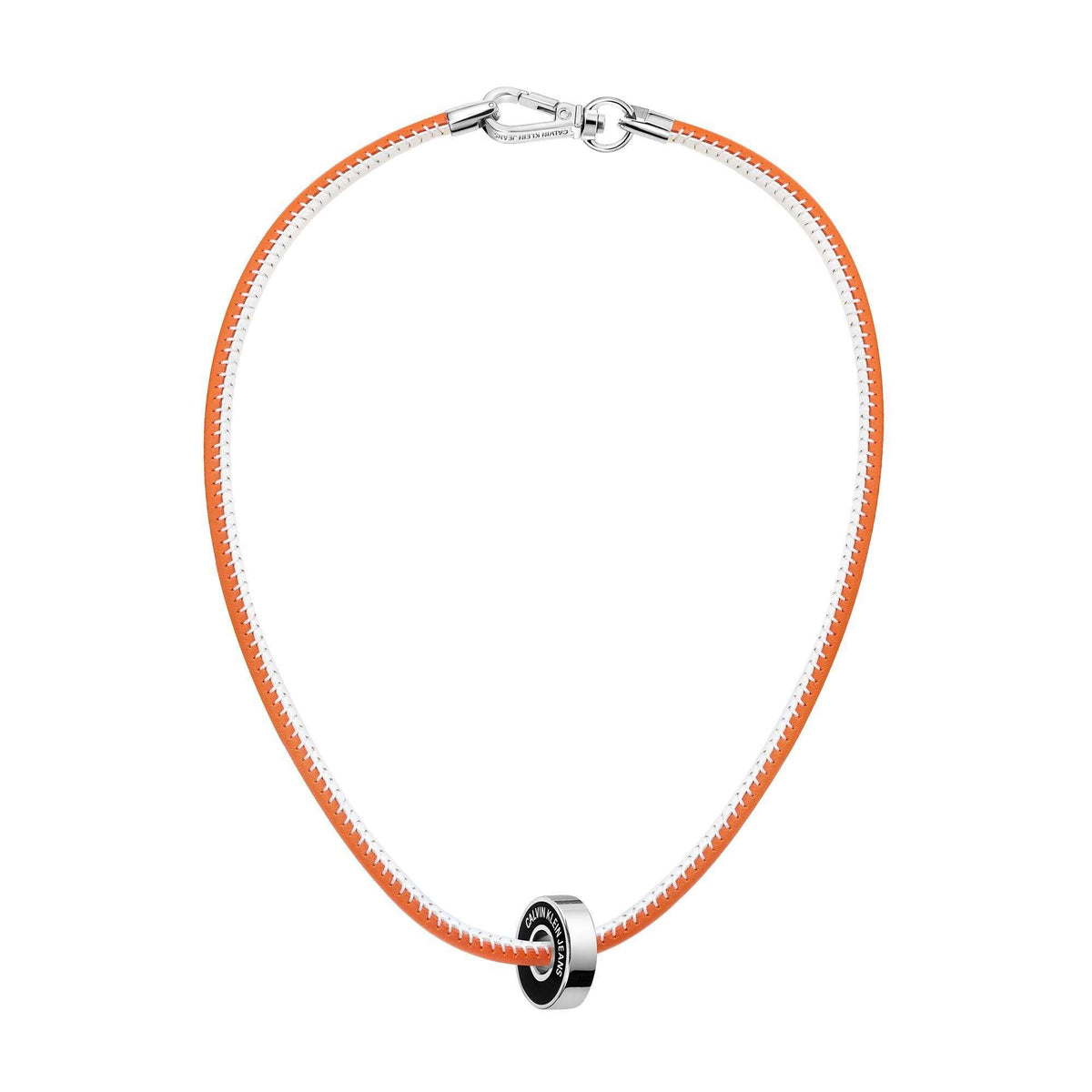 Two-tone leather necklace with orange braided cord and silver clasp, round logo charm