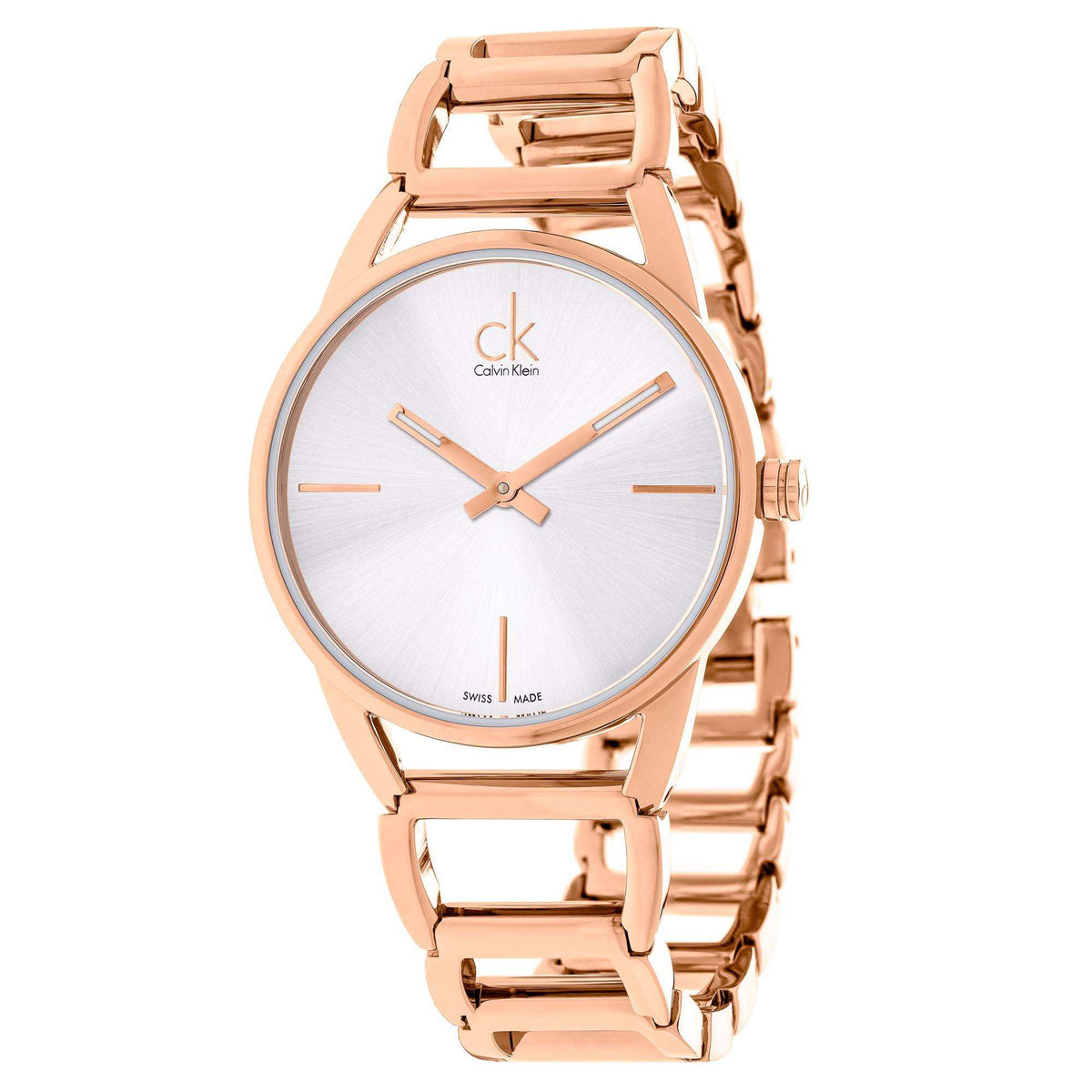 Ladies rose gold PVD stainless watch with silver dial and slim link bracelet