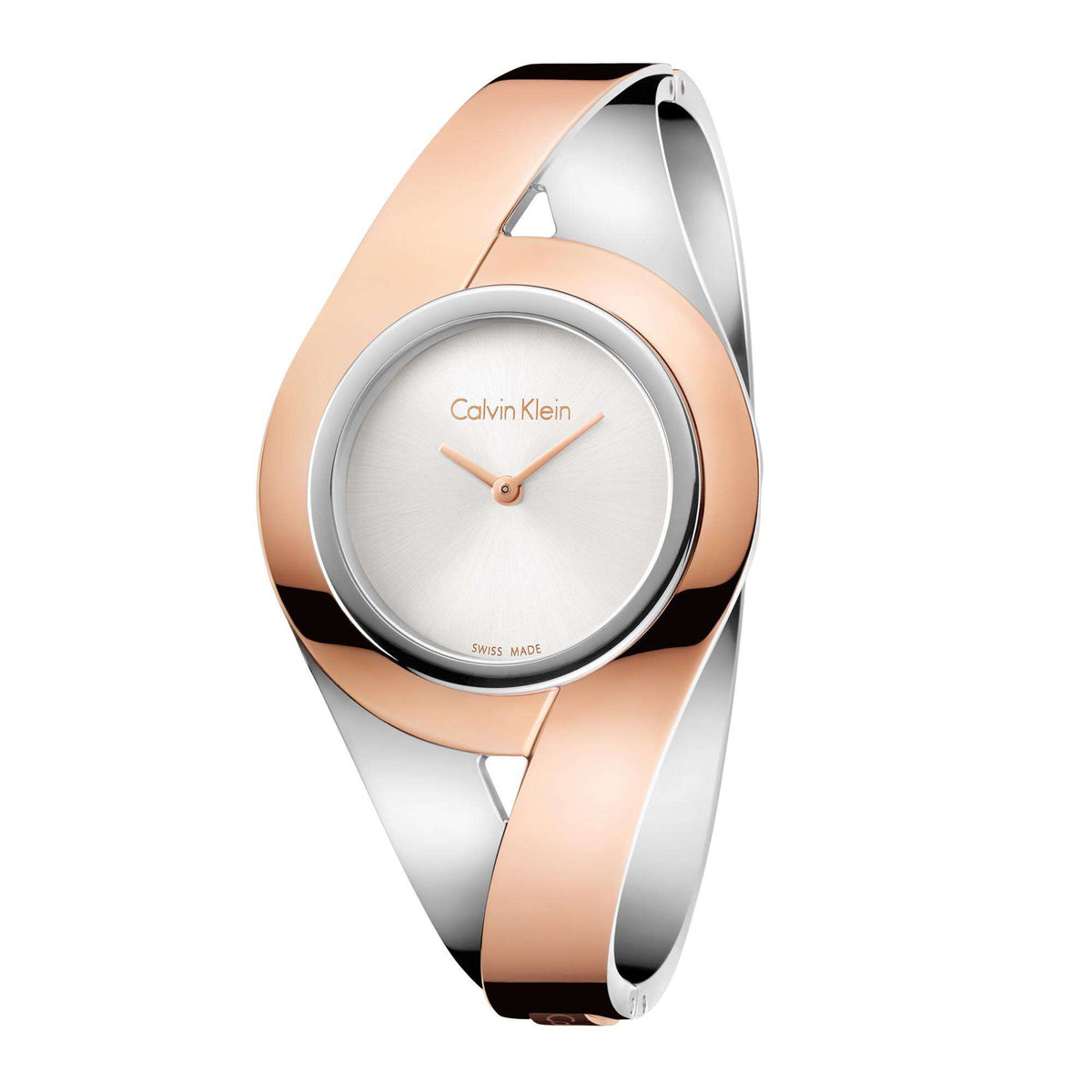 Calvin Klein two-tone quartz watch, silver dial, rose-gold case and polished link band