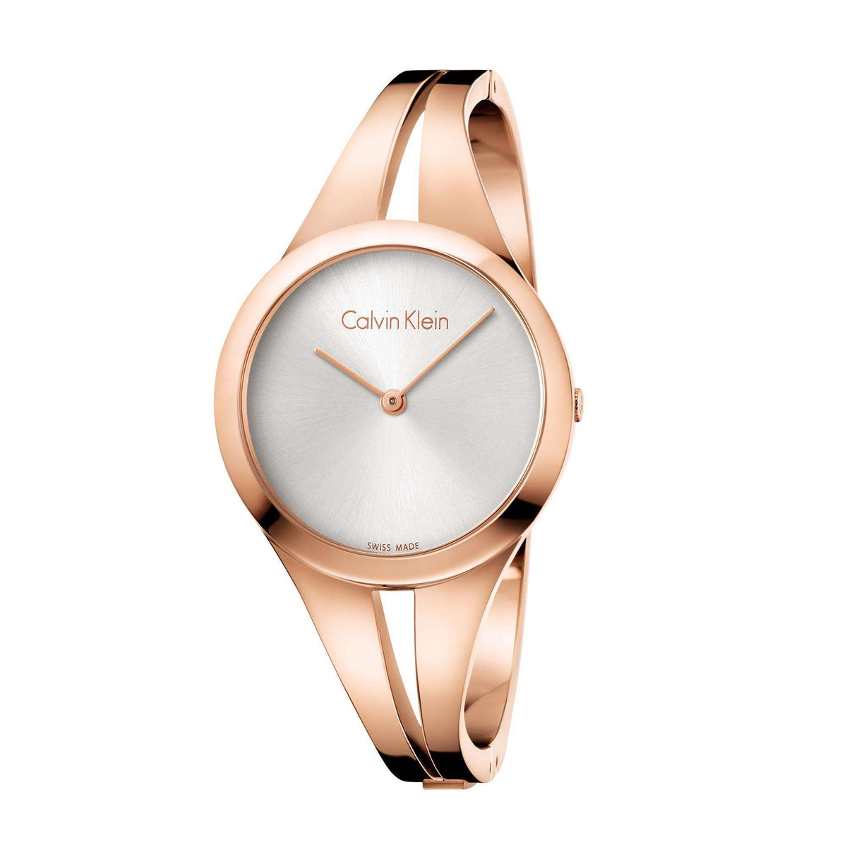 Round rose gold bracelet watch with silver dial, orange hands, Calvin Klein logo
