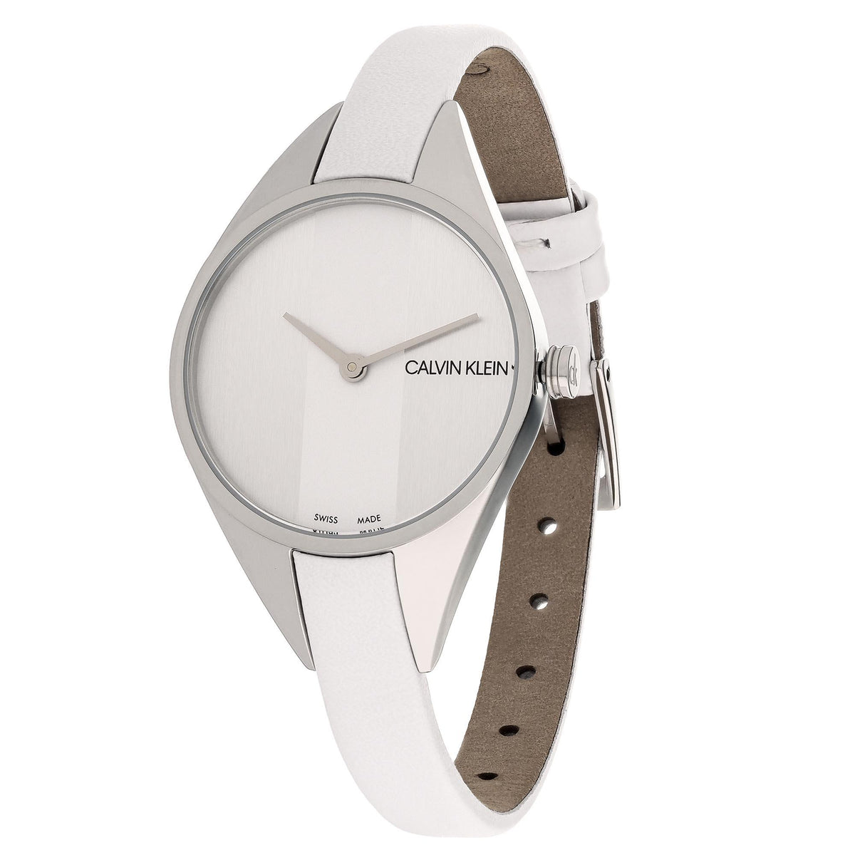 Calvin Klein quartz watch angled view, white dial, silver case, white strap with buckle