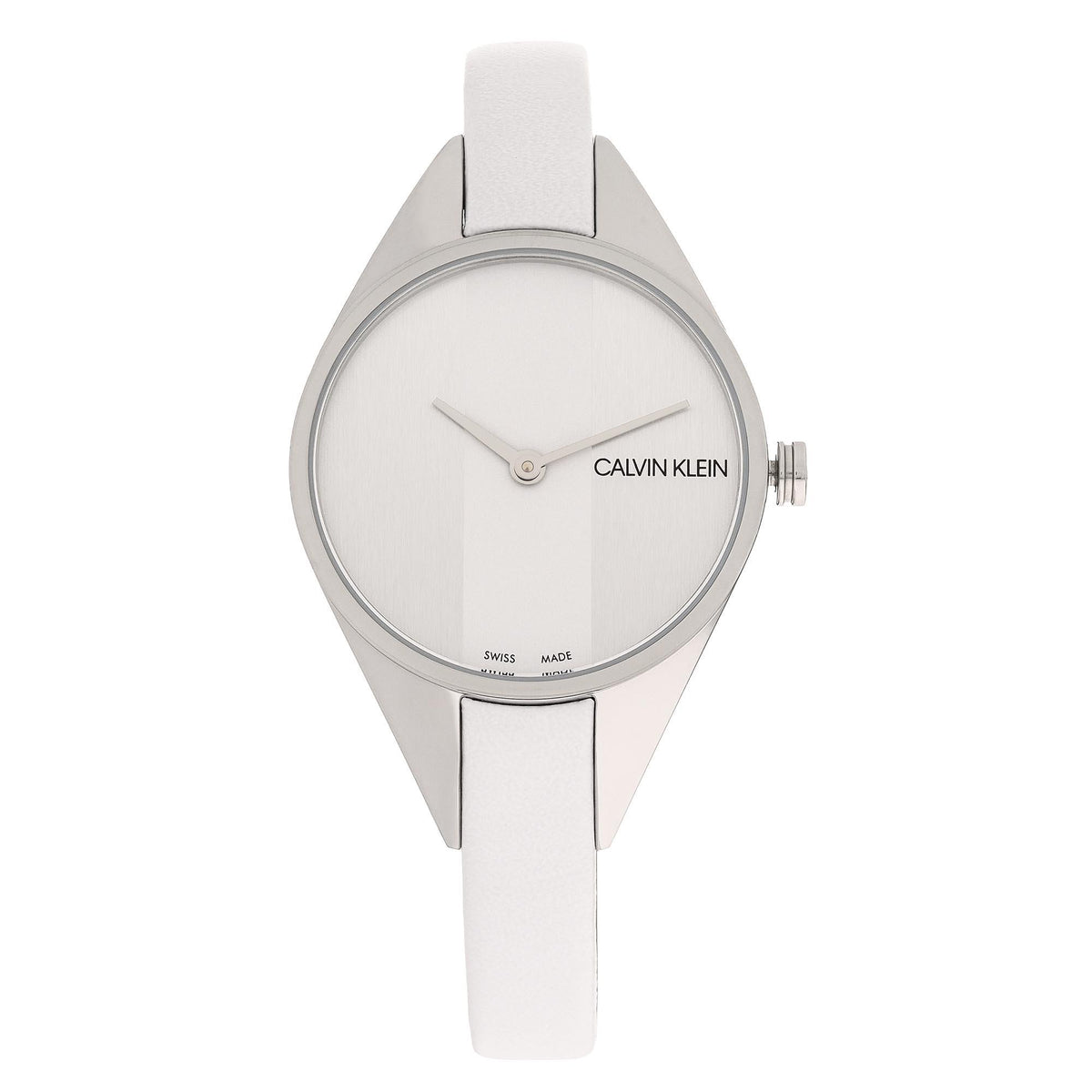 Calvin Klein quartz watch front view, white dial with slim hands, silver bezel, white strap