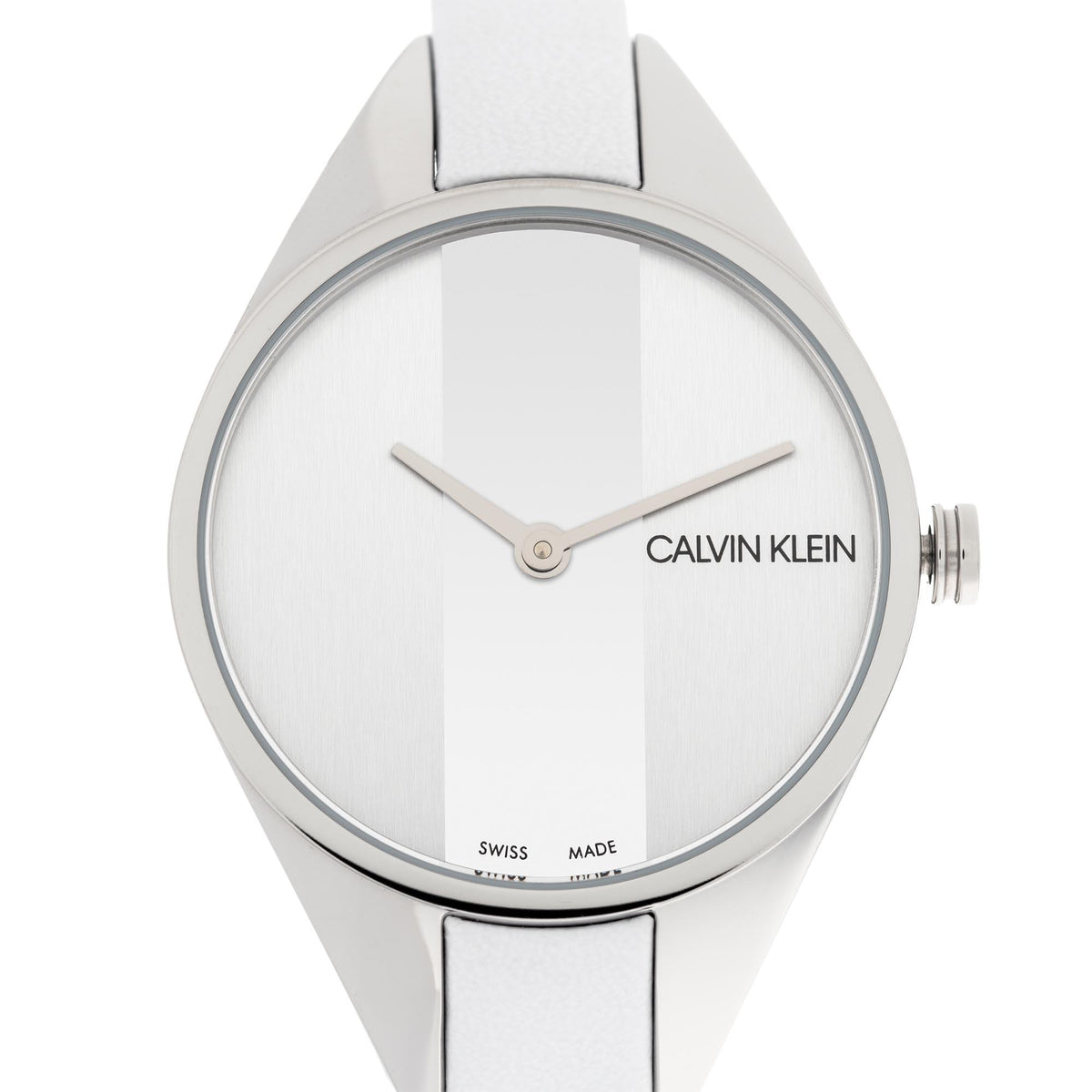 Calvin Klein quartz watch close-up of dial, silver markers and hands on white textured face