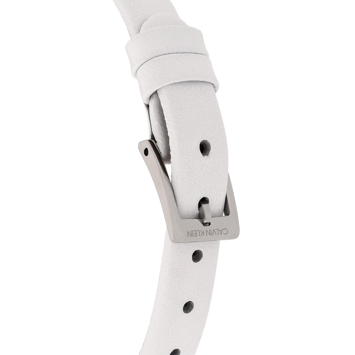 Calvin Klein quartz watch strap underside with silver clasp and row of adjustment holes
