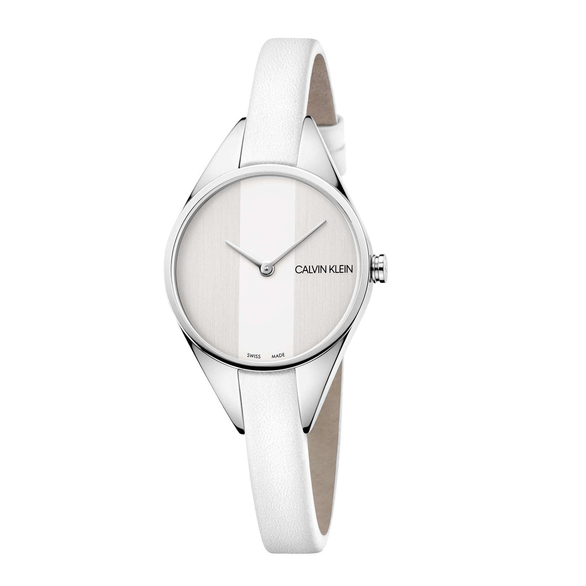 Calvin Klein quartz watch with white dial and silver case, white strap, minimalist hands