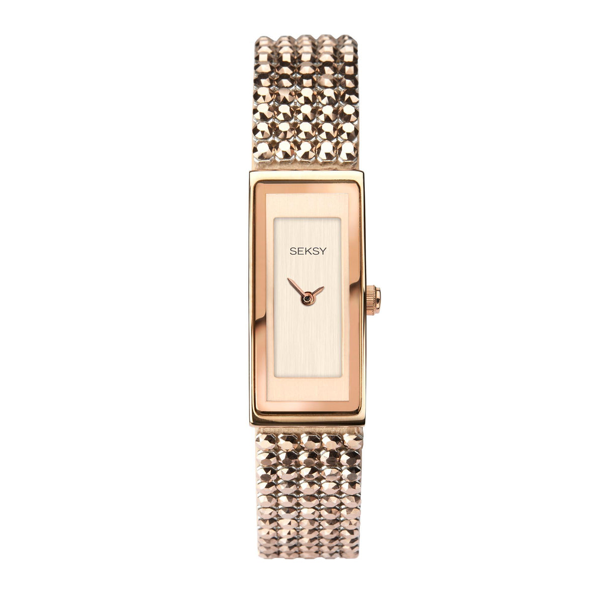 Rose gold-tone rectangular face bracelet watch with minimalist bird logo and crystal bezel