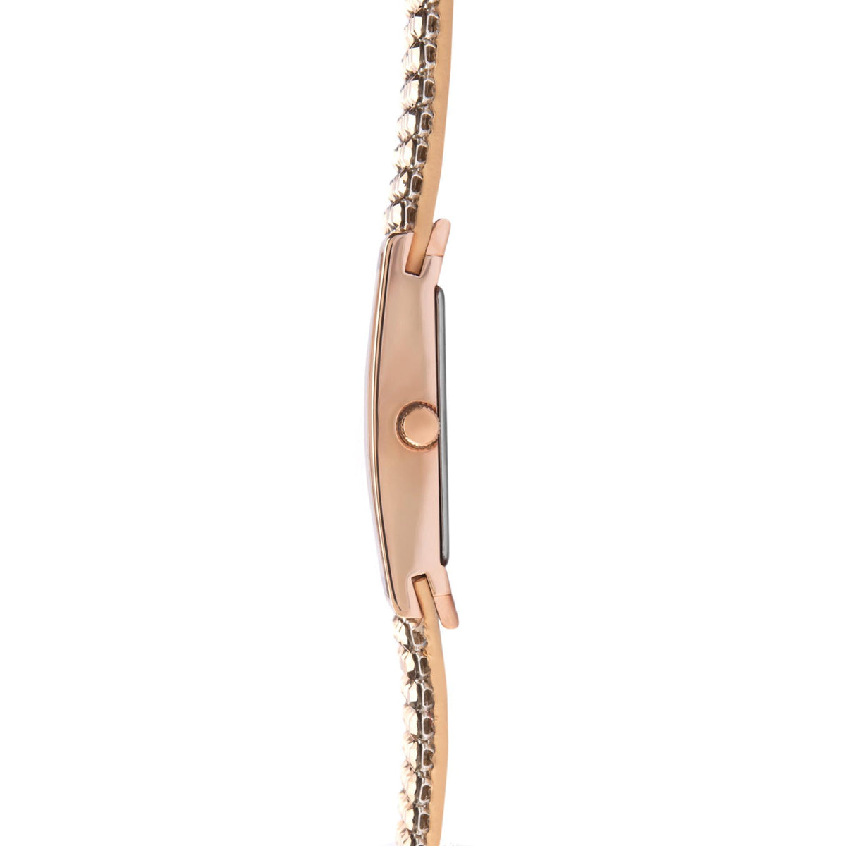 Rose gold-tone watch profile with crown and glittering mesh bracelet links