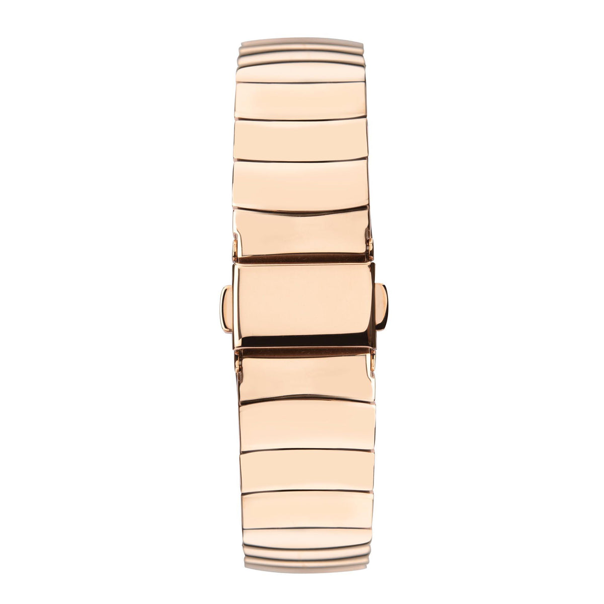 Rose-gold tone wristwatch bracelet links, side view, polished metal finish