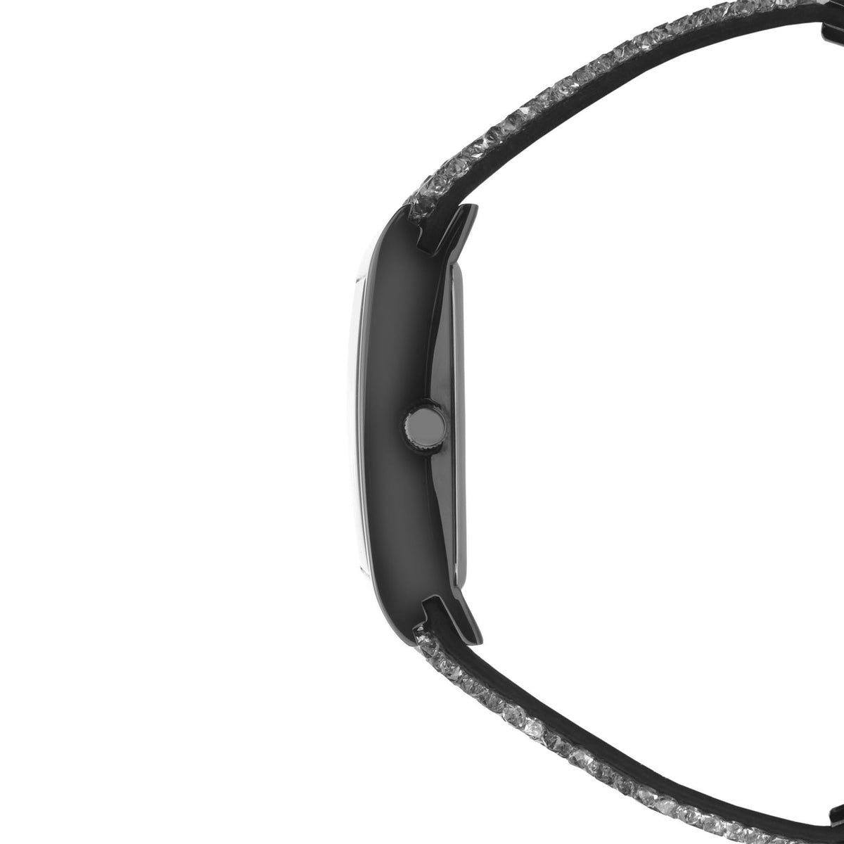 Quartz ladies watch profile with textured black-silver strap and dark crown