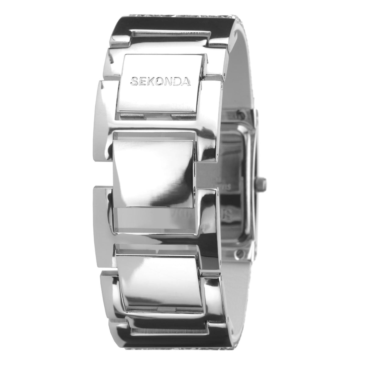 Silver-tone side view of ladies quartz bracelet watch with rectangular bezel and crown