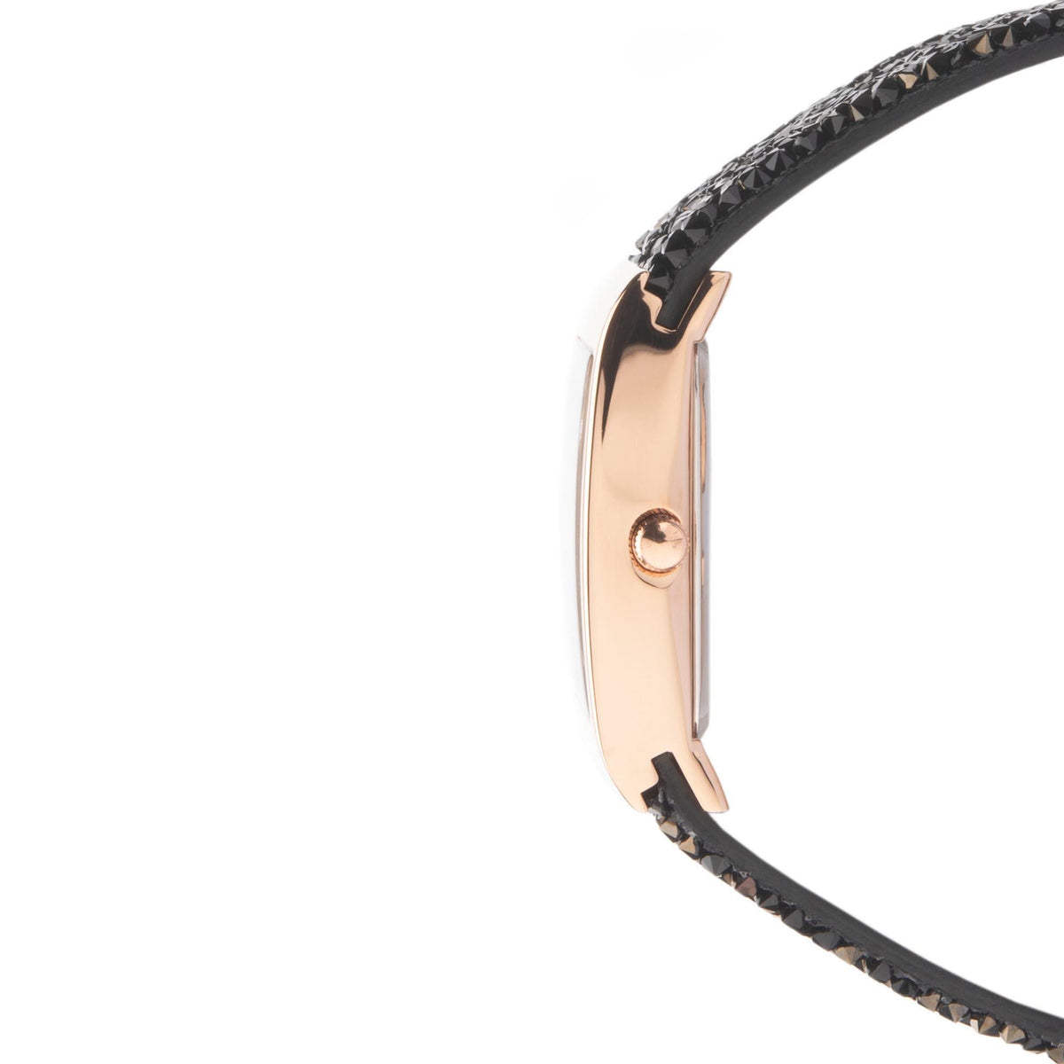 Rose-gold watch profile with black textured bracelet band, round crown detail