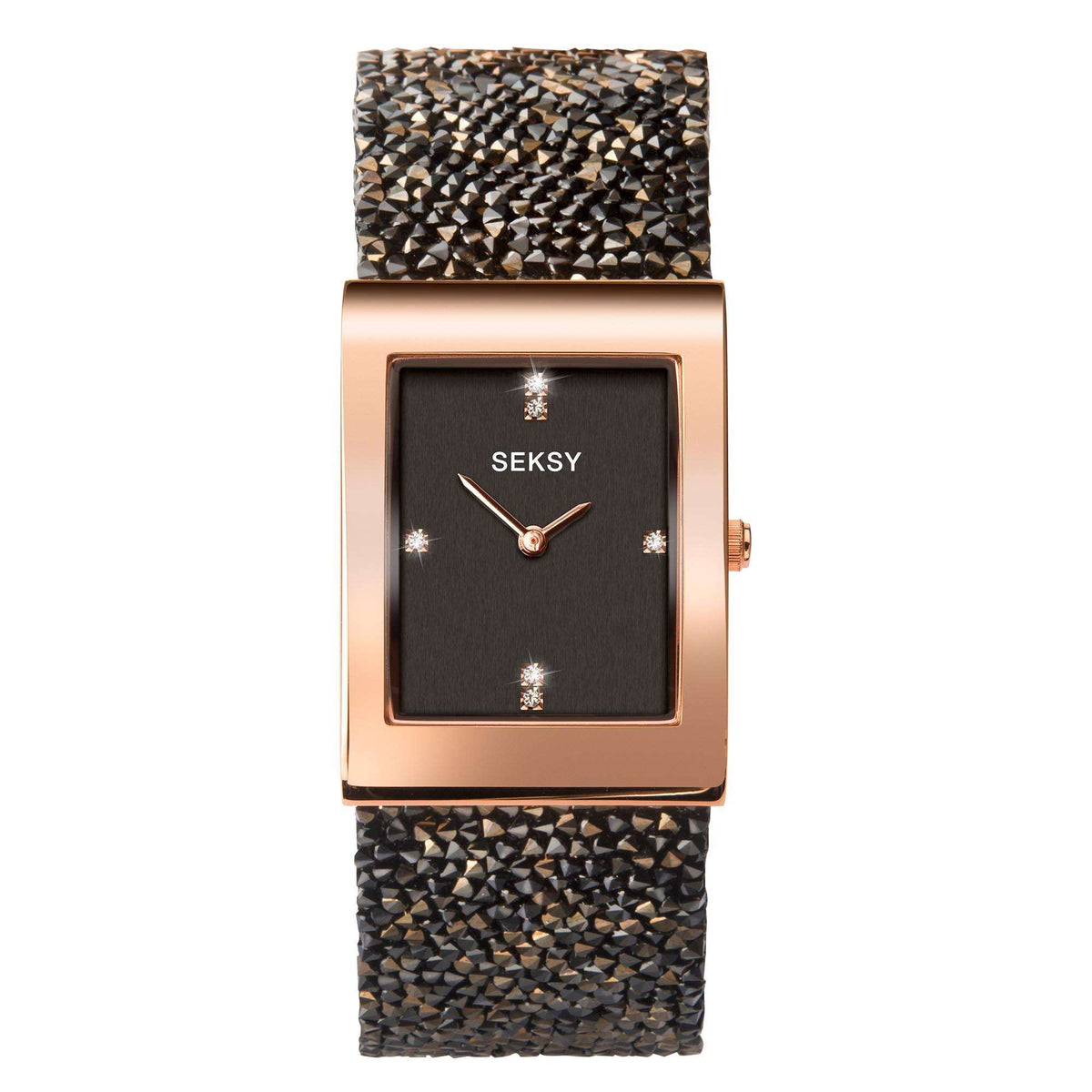 Ladies quartz watch with black dial, rose-gold case, crystal hour marks, black textured mesh bracelet