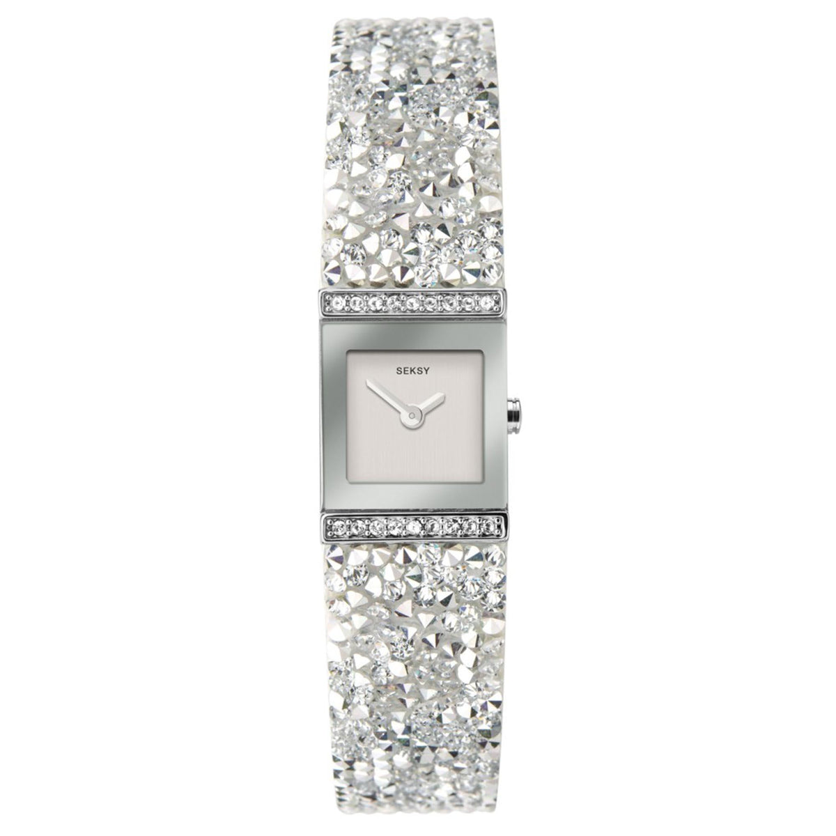 Ladies rhinestone bracelet watch with Seksy logo on square silver dial and crystal bezel