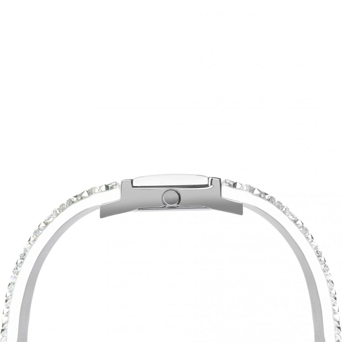 Ladies silver clasp top with circular ring and crystal border on bracelet watch