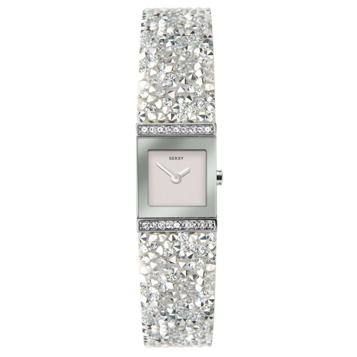 Ladies crystal-studded silver bracelet watch with square dial and sparkling link band