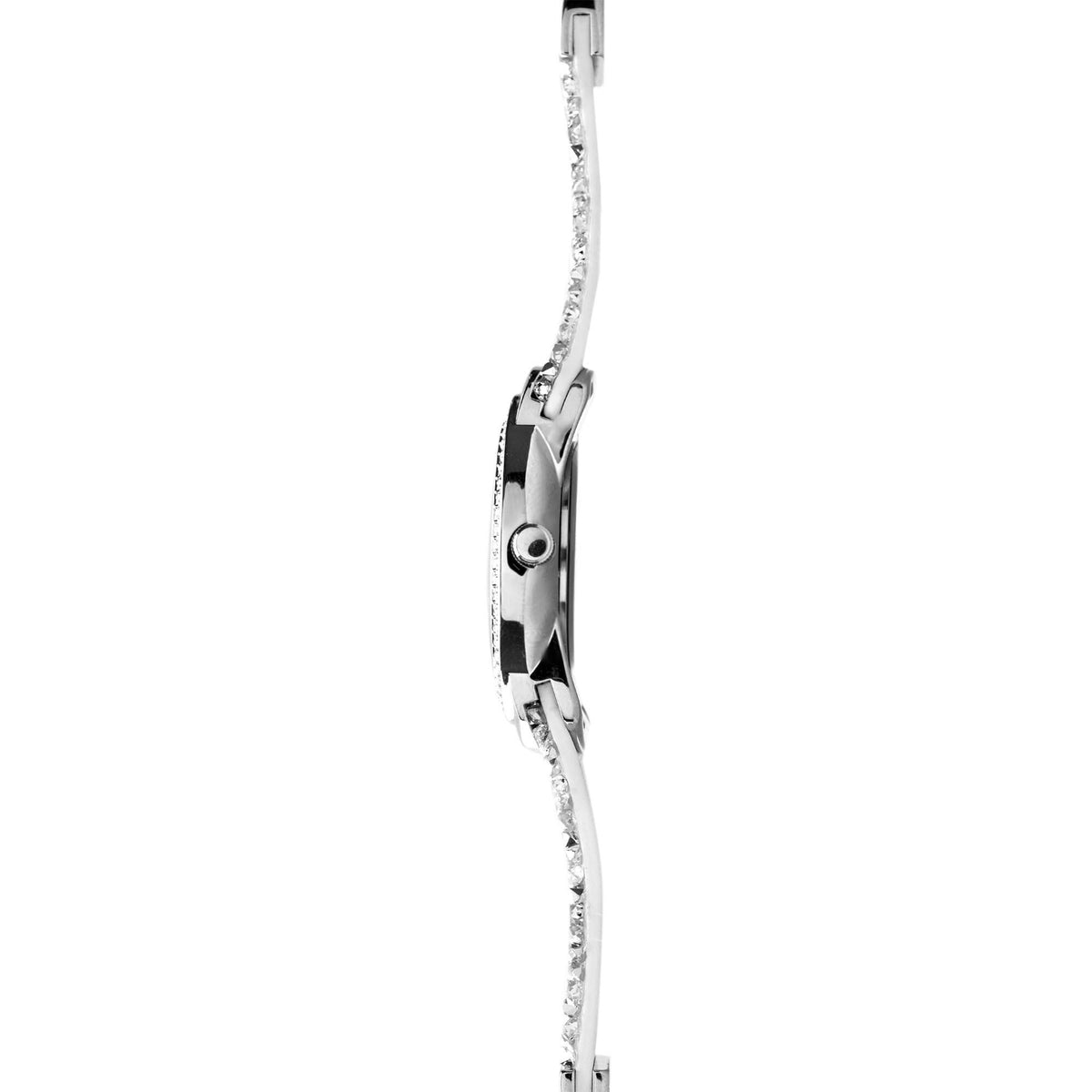 Ladies quartz bracelet watch side view showing smooth silver case and crystal strap.