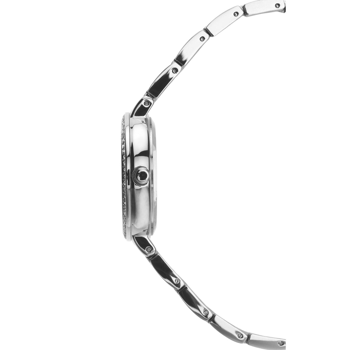 Silver ladies quartz wristwatch on angled wristband, round case with jeweled rim