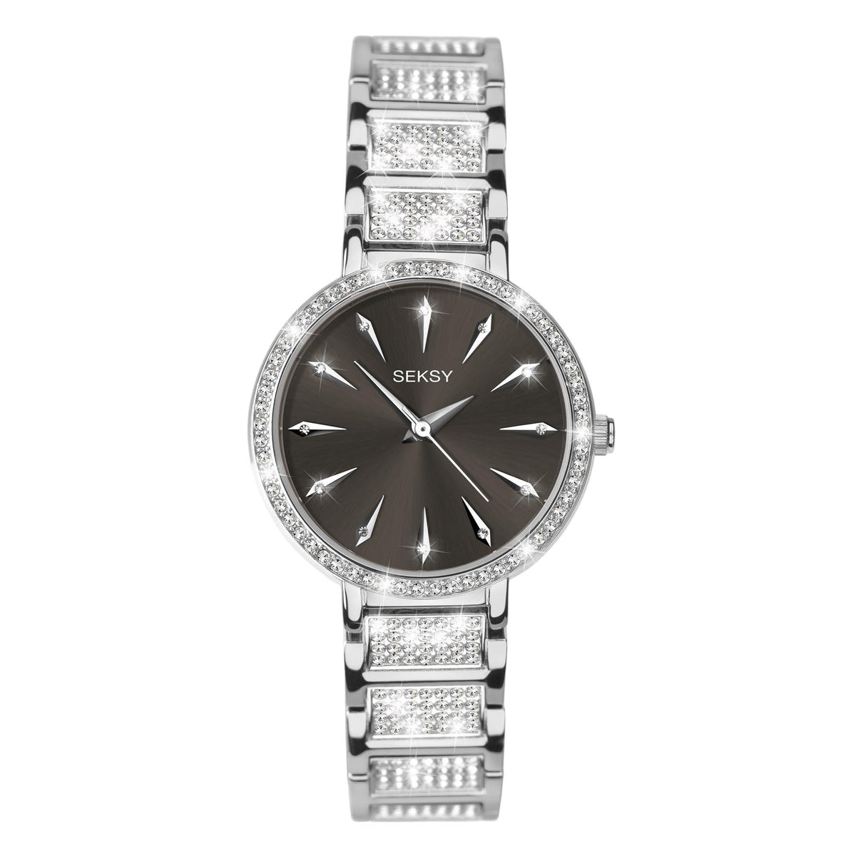 Round black dial ladies watch with crystal bezel and stainless steel link bracelet