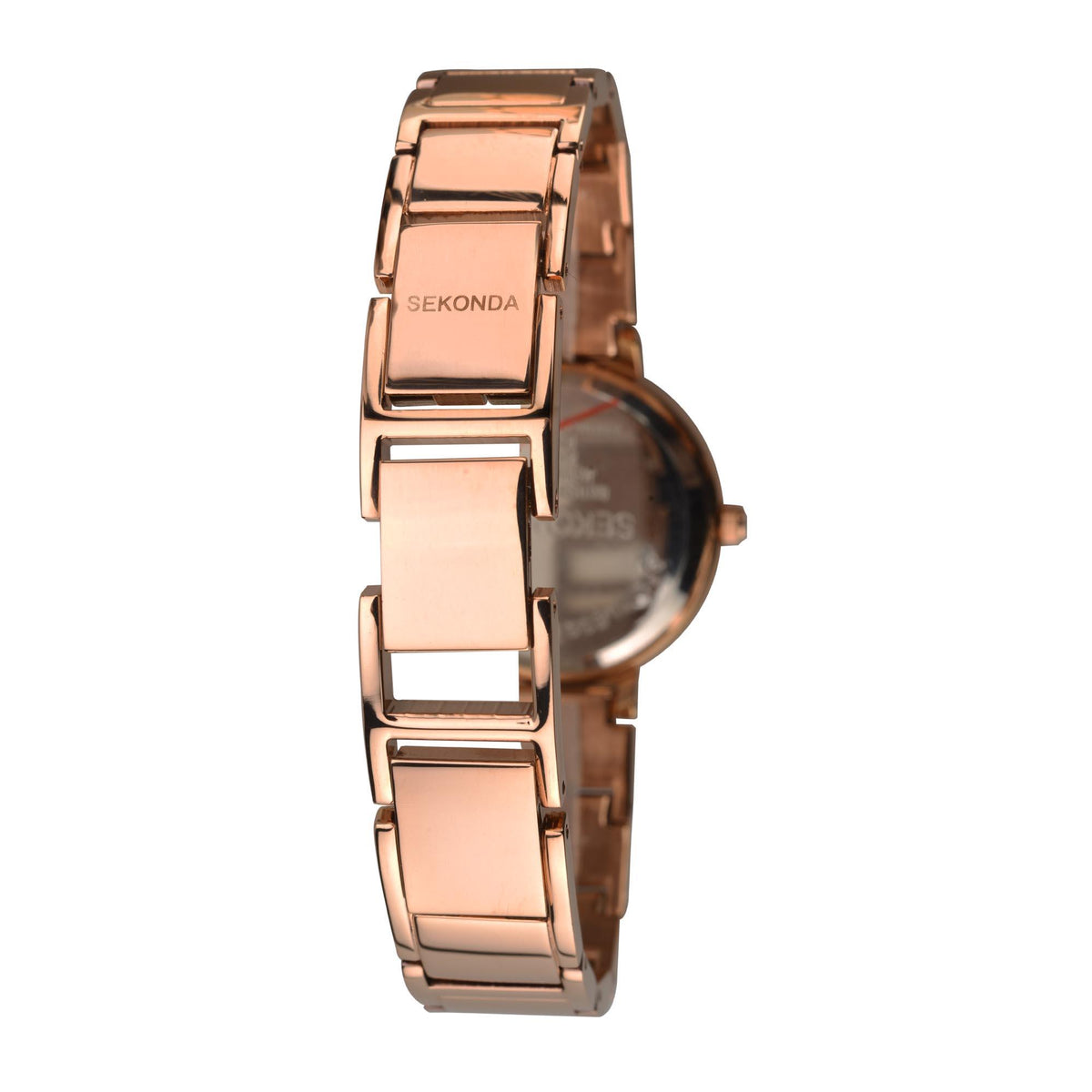 Rose gold-tone watch case and link bracelet side view with engraved Sekonda