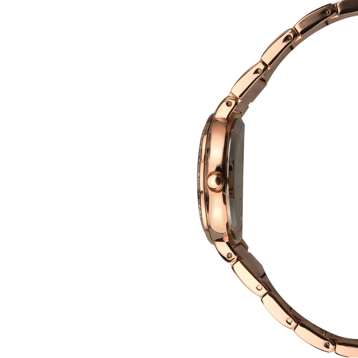 Rose gold-tone watch bracelet side profile with polished links and round bezel