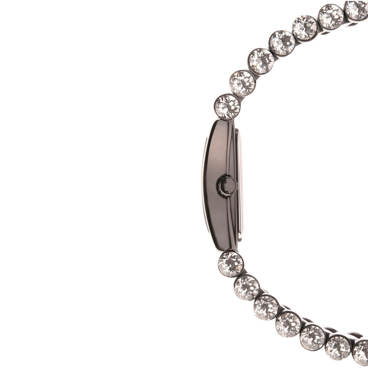 Rhinestone-accented black dial ladies watch with metallic bracelet clasp detail