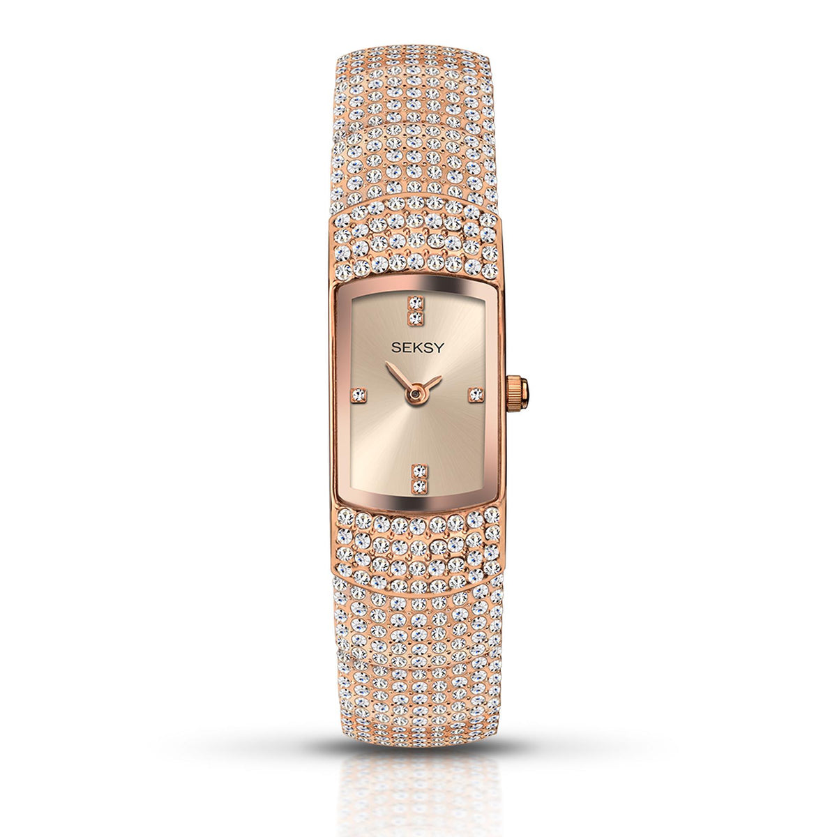 Ladies rose gold quartz wristwatch with champagne dial and rhinestone bracelet strap