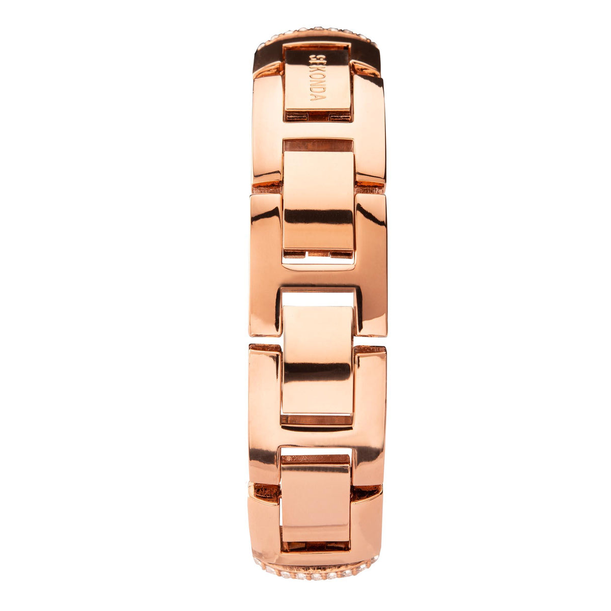 Rose gold bracelet link close-up with polished finish and sparkly edge stones