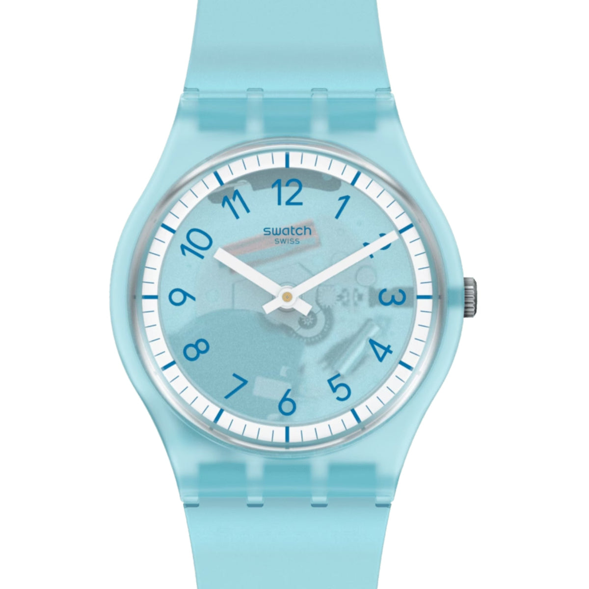 Light blue silicone strap quartz watch with blue dial and white hour markers