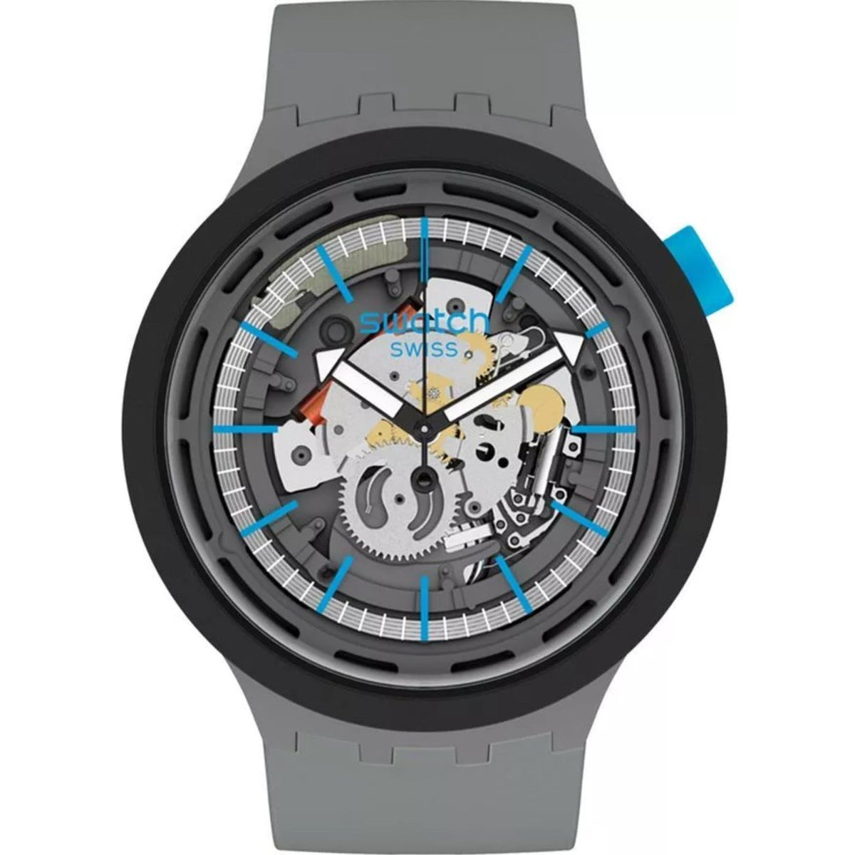 Quartz watch front view, black bezel and grey silicone strap with see-through dial