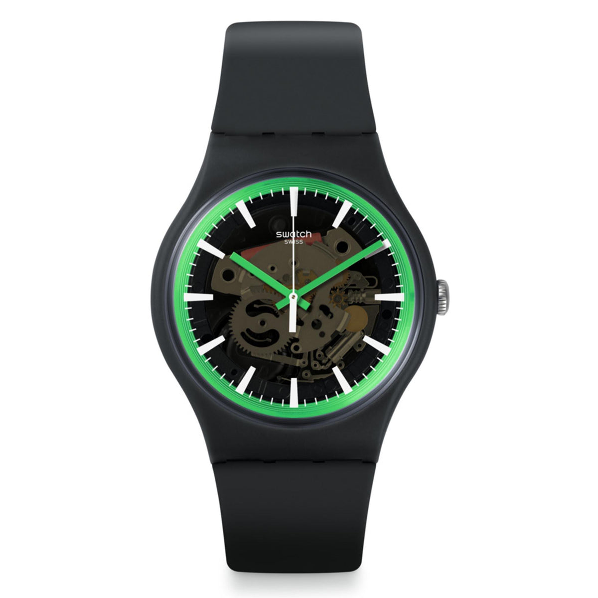 Black silicone watch with skeleton dial, green outer ring, white markers, green hands