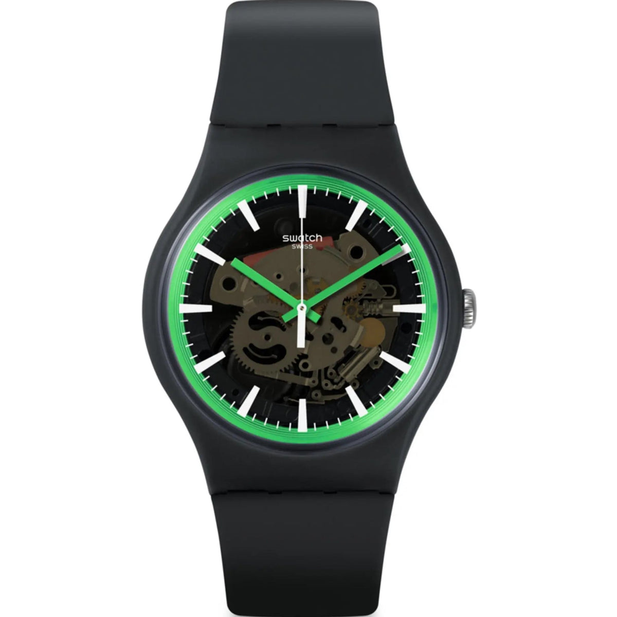 Front view of black silicone watch showing skeleton movement and green hands