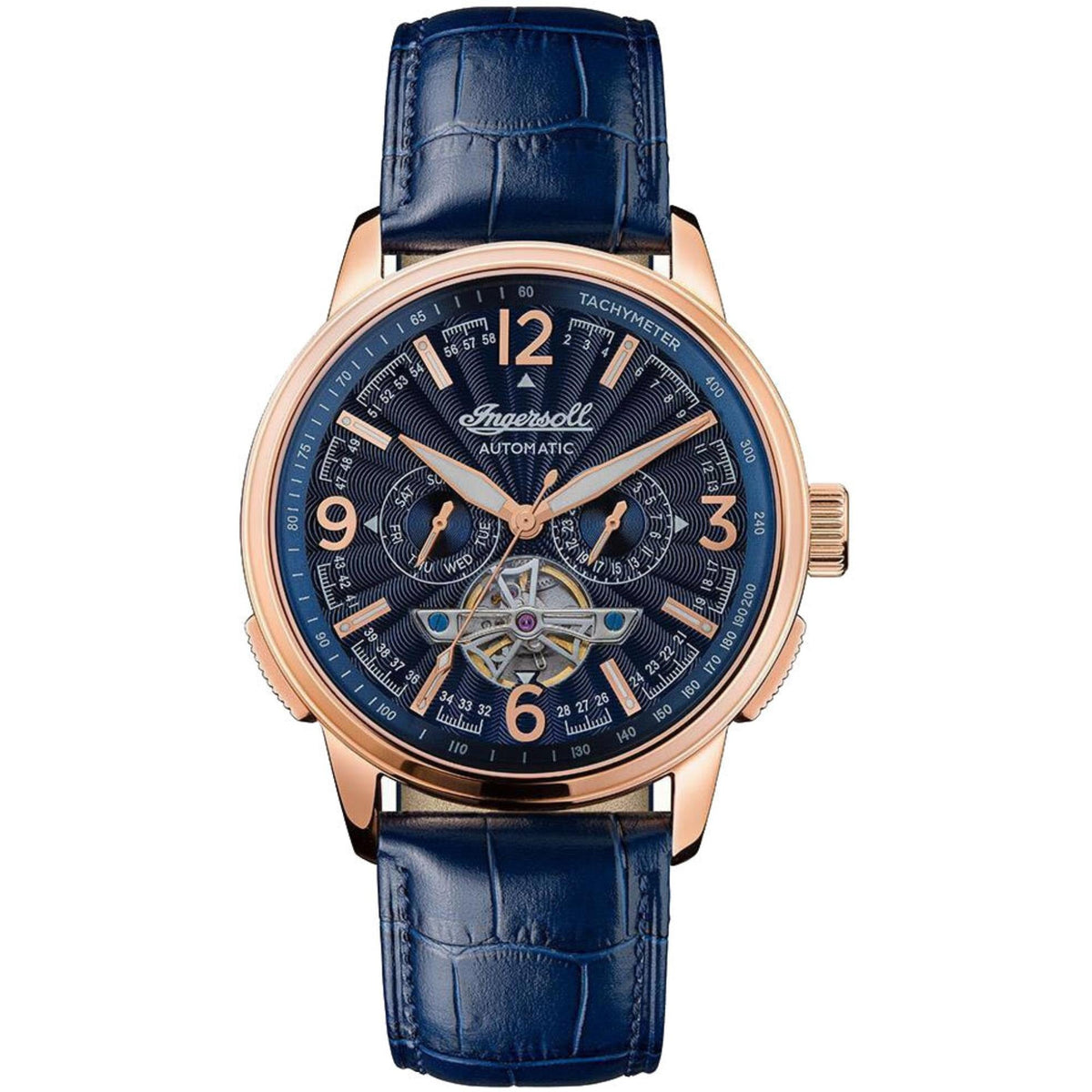 Men's automatic watch, rose-gold case with blue leather strap, blue dial with subdials and tachymeter.