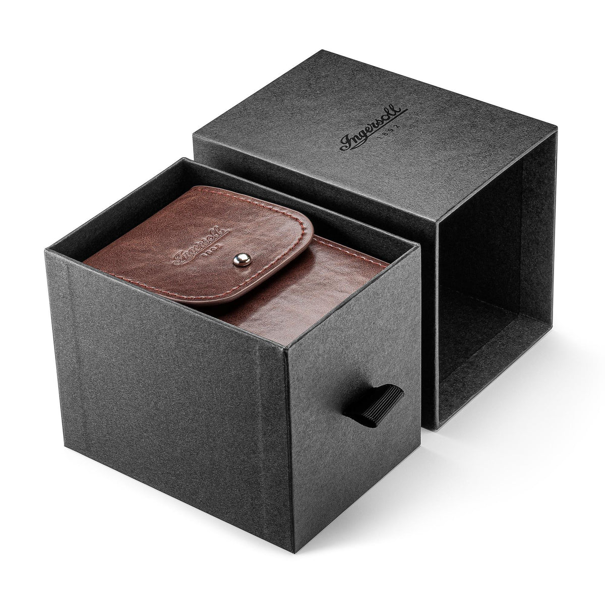 Watch gift box with open compartment holding a brown leather accessory case