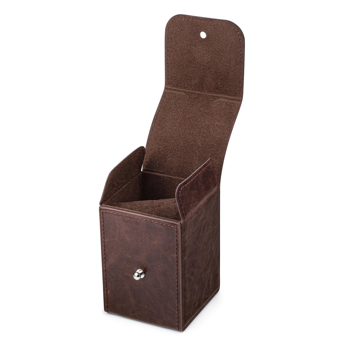 Brown leather watch accessory pouch with snap button and stitched edges