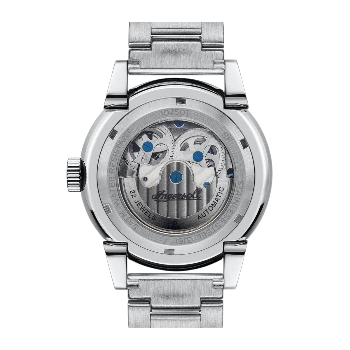 Stainless steel watch caseback with visible gears, blue accents, and link bracelet
