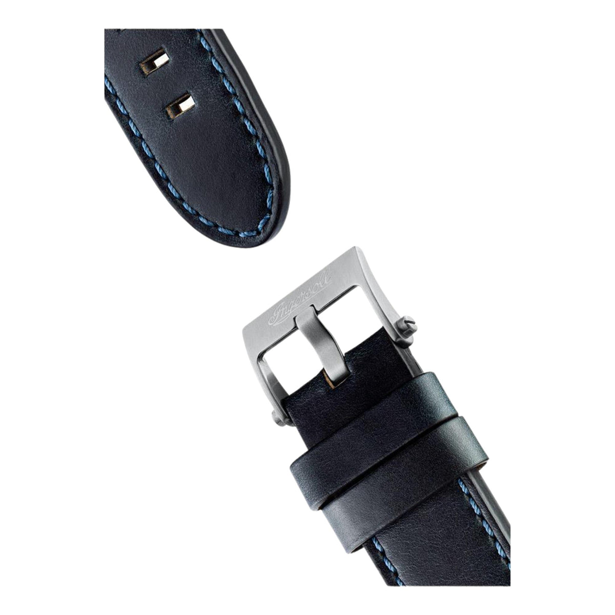 Blue leather watch strap with contrast blue stitching and metal buckle