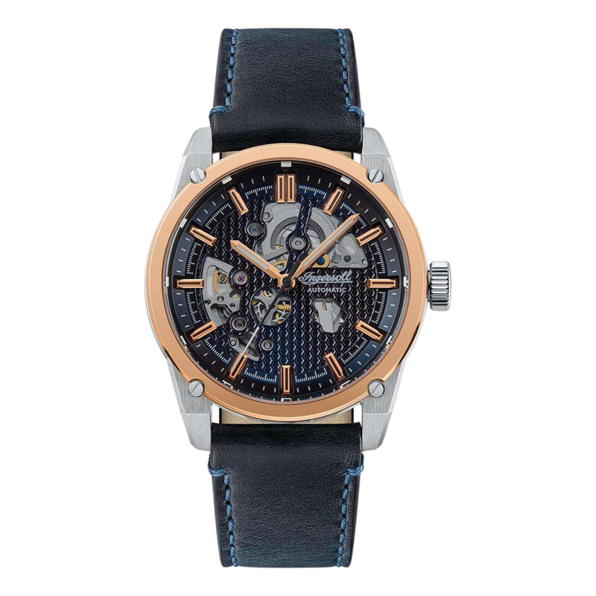 Men's automatic skeleton watch with blue dial, rose-gold case, and black leather strap.