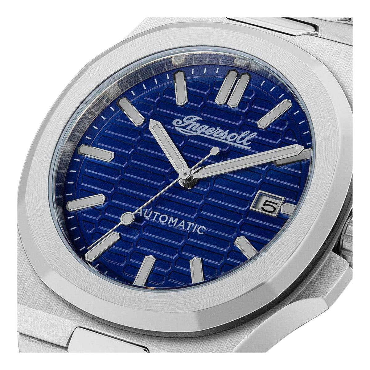 Men's stainless steel watch close-up: blue dial with Ingersoll logo and date at 5