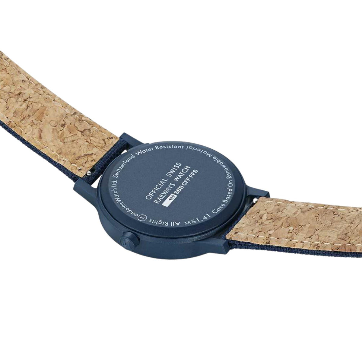 Mondaine watch with dark engraved caseback and navy textile strap, round case
