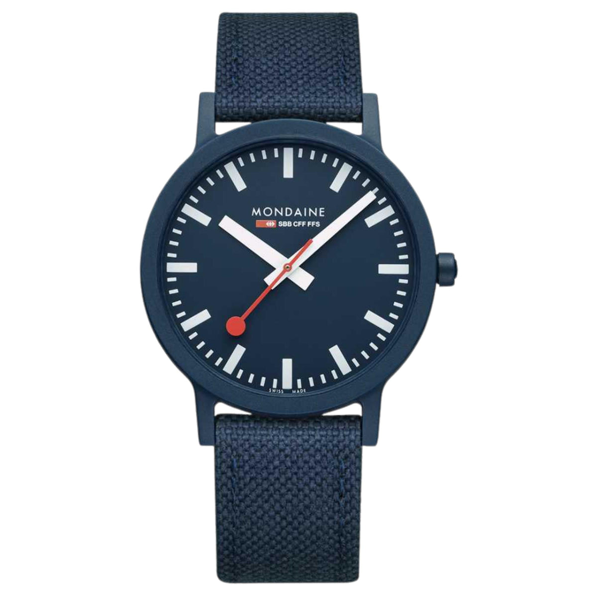 Mondaine blue dial quartz watch on navy fabric strap, round dark bezel