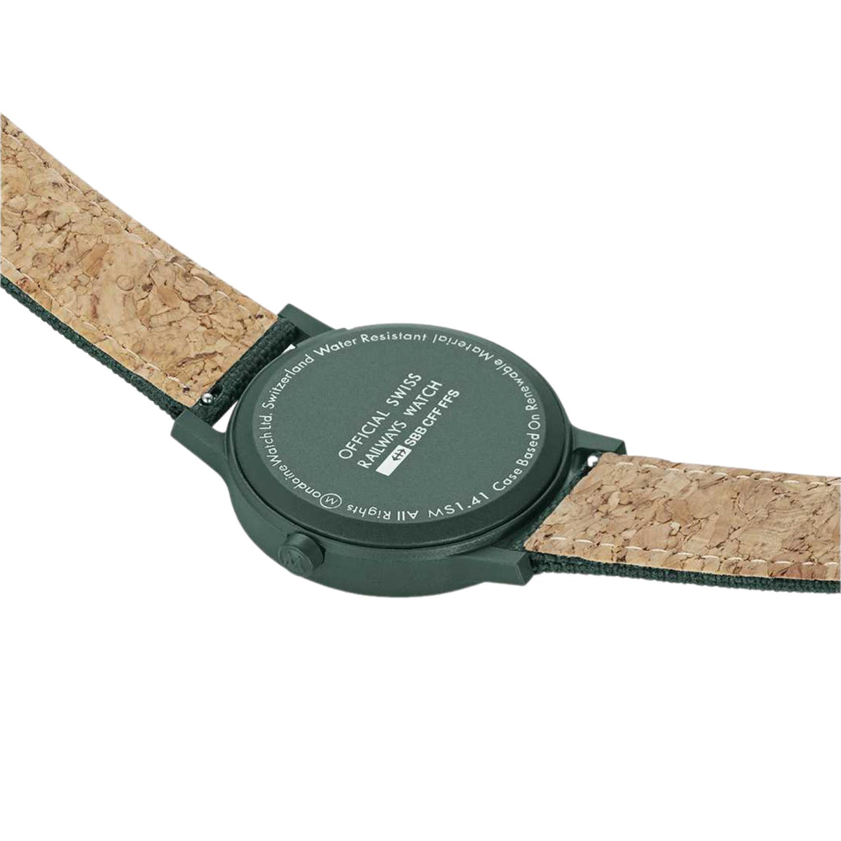 Men's Mondaine watch case back showing official watch text and tan cork strap backing