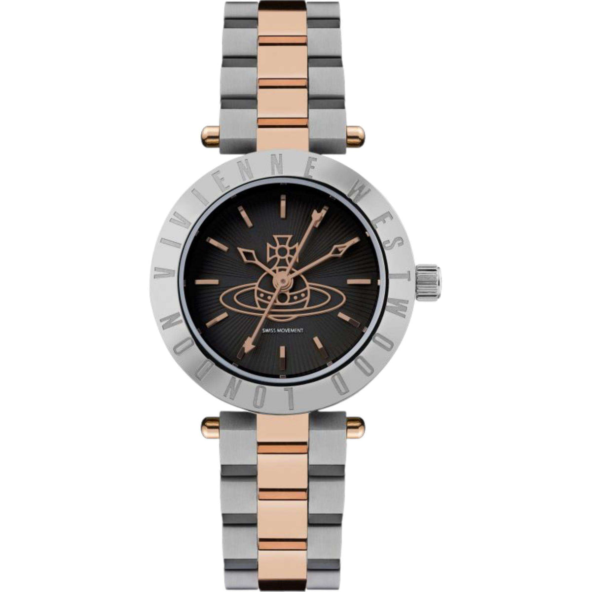 Two-tone stainless steel watch front view with black dial, gold-tone markers, link bracelet