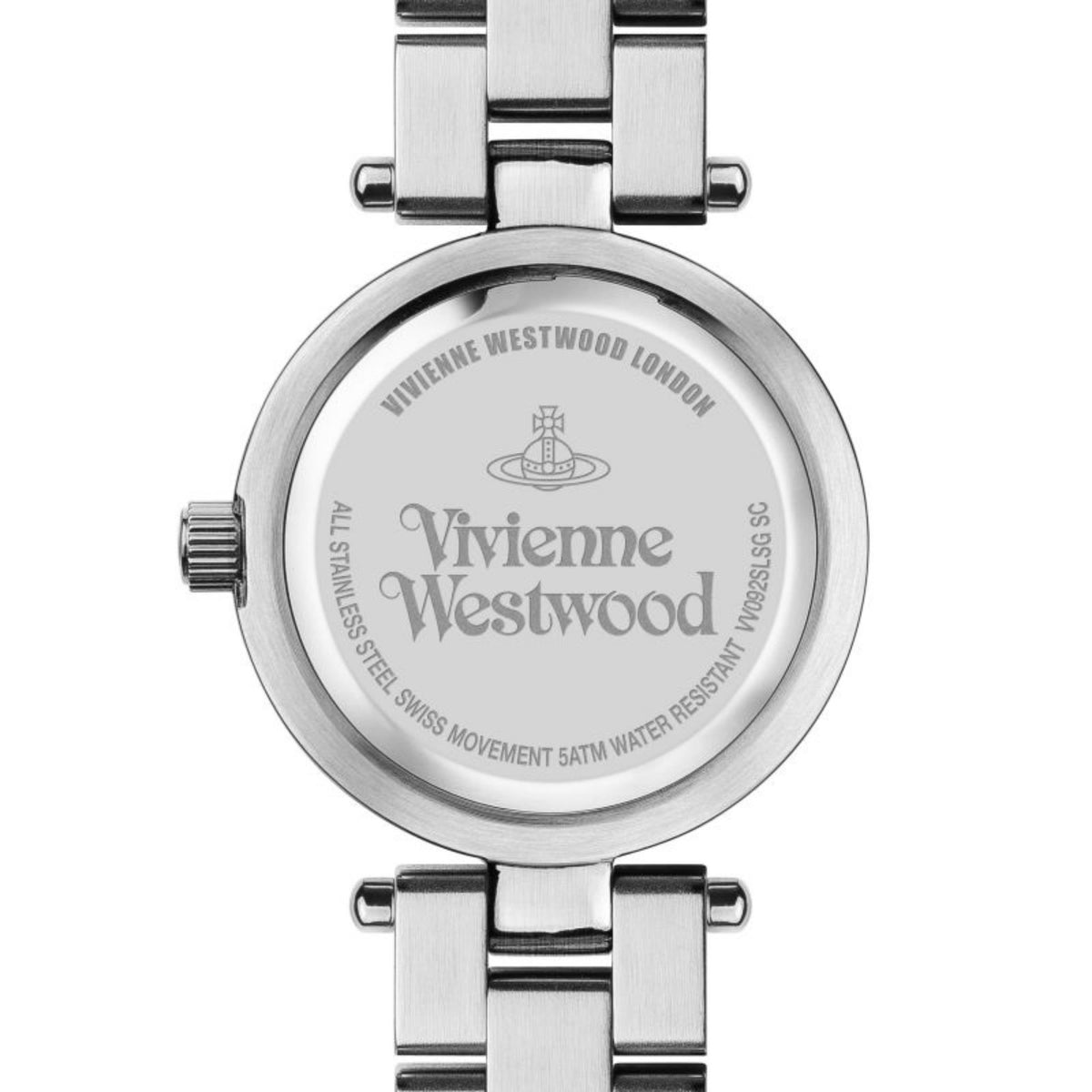 Two-tone stainless steel watch back with Vivienne Westwood logo and Swiss movement text