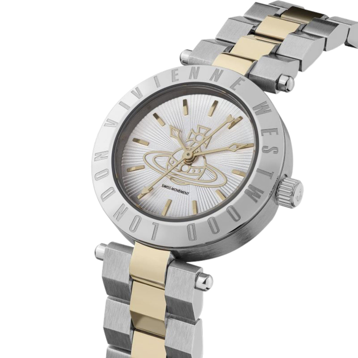 Two-tone stainless steel wristwatch angled view with gold hands on white dial
