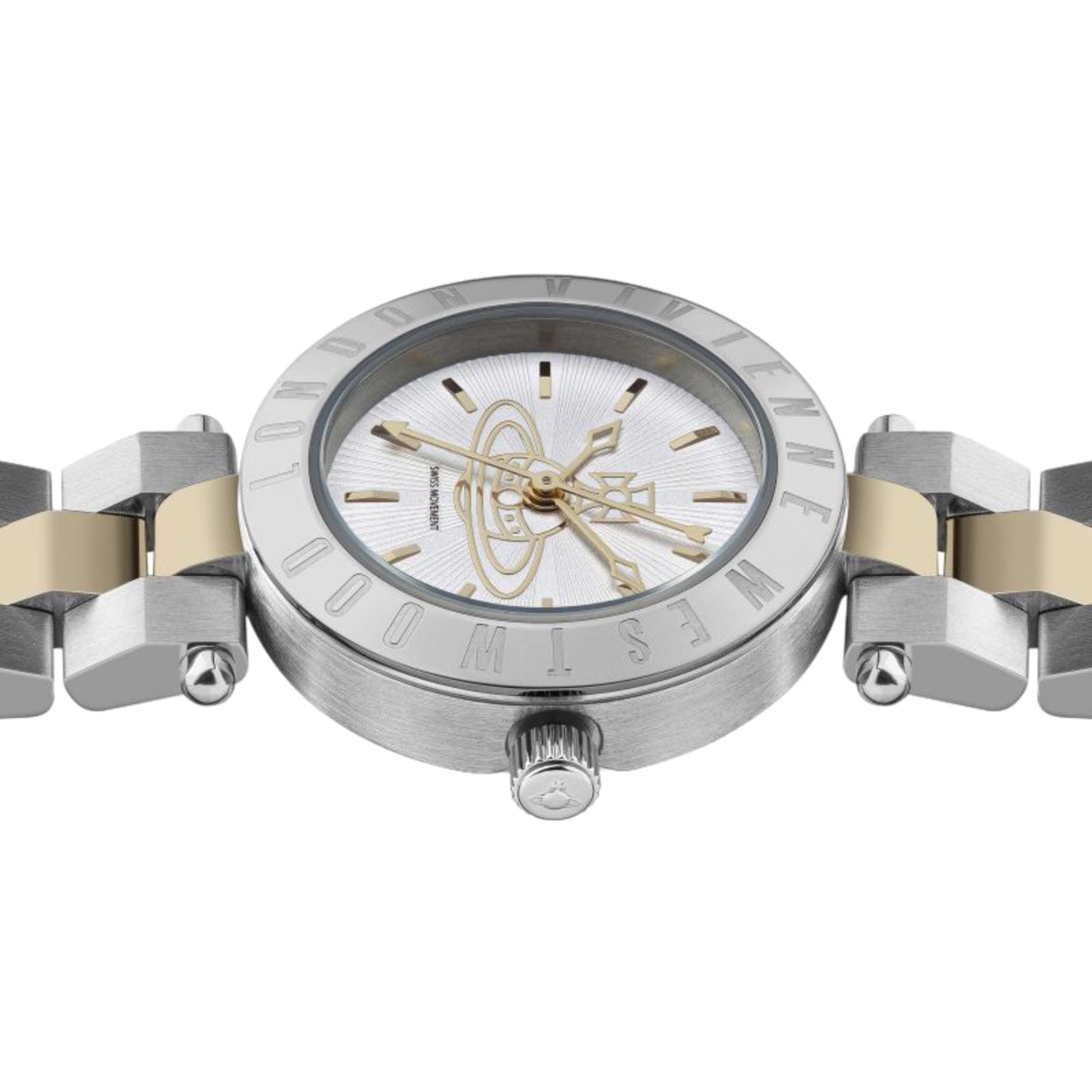 Two-tone stainless steel watch with white dial and gold ornamental hands, metal link band