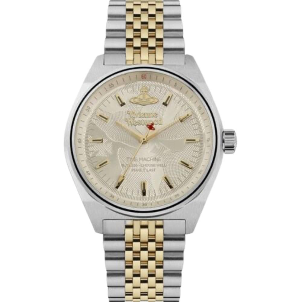 Two-tone stainless steel wristwatch with light grey dial and gold bar hour markers