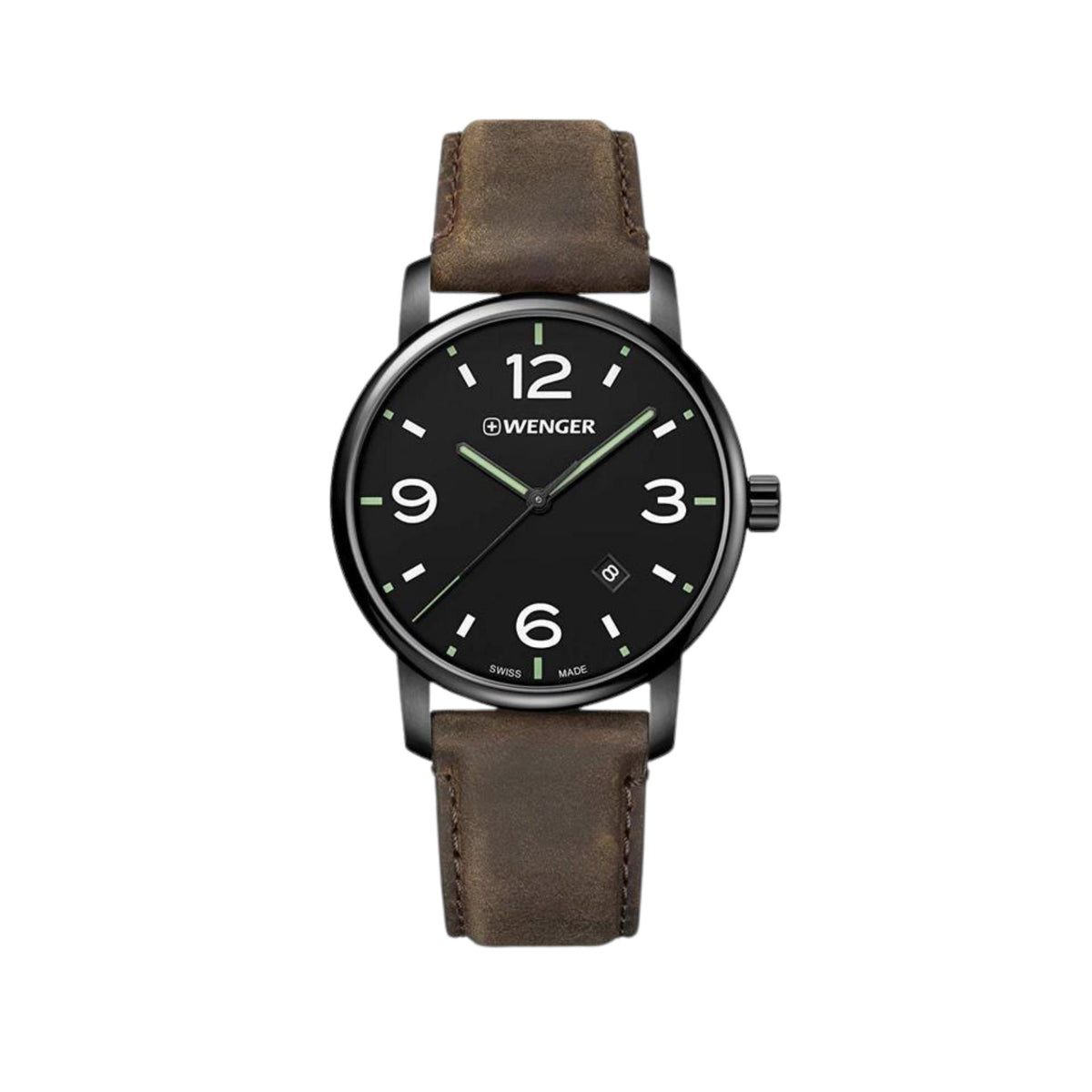Front view men’s quartz watch with black dial, green markers, and brown leather strap