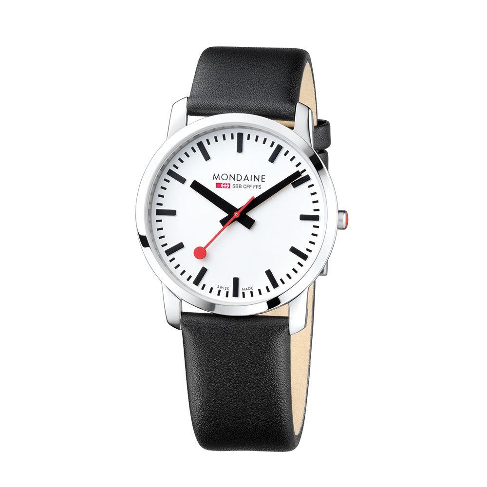 Quartz wristwatch with white dial, black leather strap, round silver case, red accents