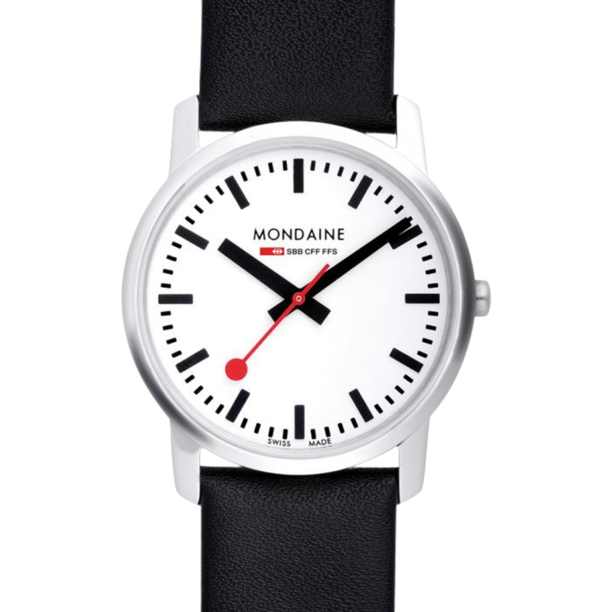 Quartz watch close-up: white dial with red second hand, black strap, silver-tone case